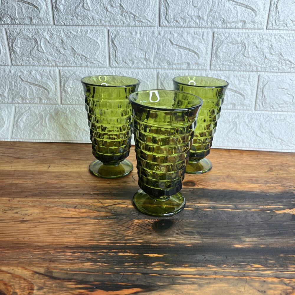 Whitehall Avocado Green Tumblers•MCM Cubist Glasses by Colony •Set of 3 •Vintage - Picture 2 of 10
